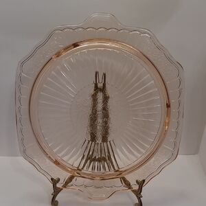 Pink Depression Mayfair Open Rose 3 Footed Glass Cake Plate 10 Inch Diameter